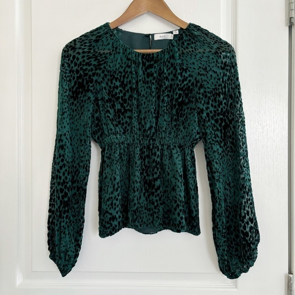 A.L.C. Top Burnout Velvet Animal Print Blouse Green - Picture 1 of 11